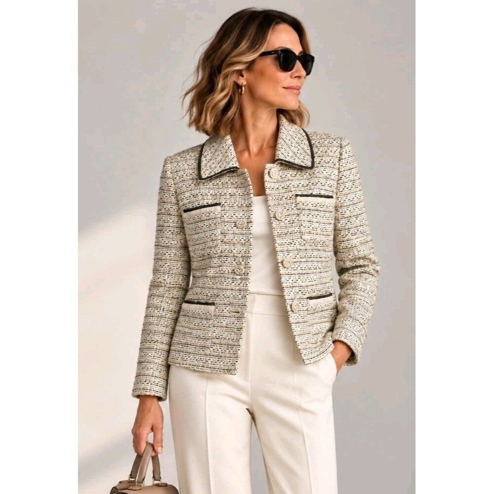 Tahari Arthur S Levine Tweed Blazer 12P Ivory Gold Metallic Petite Jacket